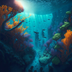 Underwater scene with fishes. Underwater panorama of coral reef and tropical fish at sunset.