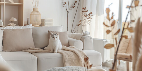Cat relaxing on sofa. Cozy home interior. Pet portrait for poster and lifestyle design.	