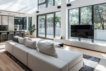 bright modern apartment in a large house surrounded by forest with large windows and stylish furniture