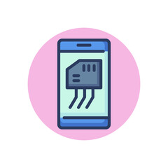 Mobile phone with chip on screen line icon. SIM card, SD card, microchip outline sign. Phone repair, service, breakdown concept. Vector illustration, symbol element for web design