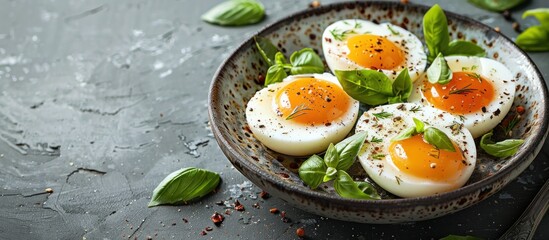 half of soft boiled eggs on bowl