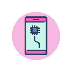 Mobile phone with microchip on screen line icon. CPU, microprocessor, microchip outline sign. Phone repair, service, breakdown concept. Vector illustration, symbol element for web design