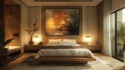 A bedroom with a floating nightstand and a single, large abstract painting above the bed.