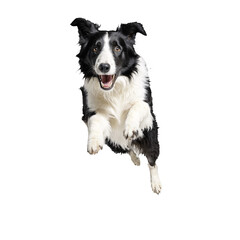 black and white collie dog jumping and running isolated transparent