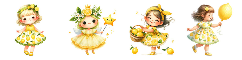 Fototapeta premium Watercolor set of girl and lemon on white background.