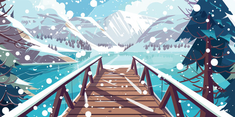 Cottage Terrace Overlooking Snowy Seascape and Mountain Peaks