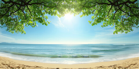 A beautiful beach scene with a clear blue sky and a calm ocean