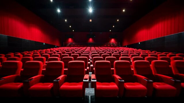 Empty red theater seats face a stage in a cinema auditorium
