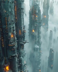 A fictional city wall with scifi weapons and force fields protecting a futuristic metropolis