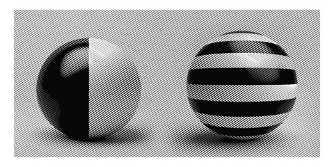Visual featuring a spherical object embellished with a dynamic pattern of line halftone stripes.