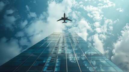 Fototapeta premium Airplane flying above a futuristic glass skyscraper under a cloudy sky captures the essence of urban progress