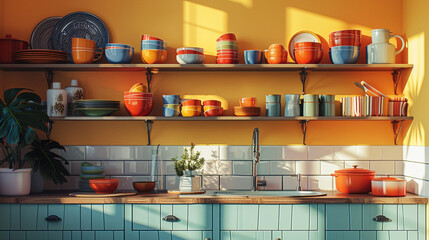 A kitchen with open shelving, showcasing a single line of vibrant ceramic dinnerware.