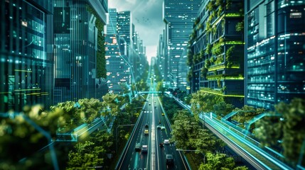 Obraz premium High technology and ecology. Digital modeling of natural resources. Eco technology concept, development goals demonstration using digital icons on forest background.