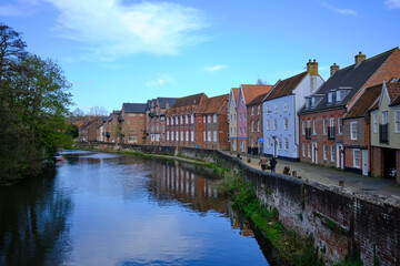 Historic riverside houses in Norwich city centre, UK