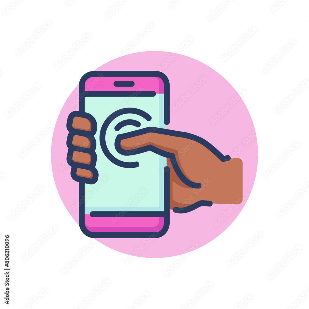 Poster smartphone in human hand line icon. using touchscreen, pressing display with finger outline sign. ph