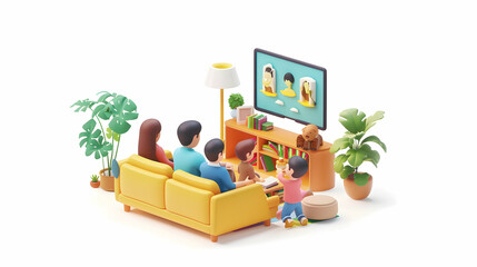 A family engages with a documentary about global population issues fostering awareness and discussion at home in 3D isometric scene