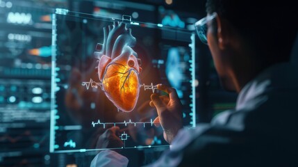 The doctor examines a color digital image of the patient's heart, projection of the heart, digital view.