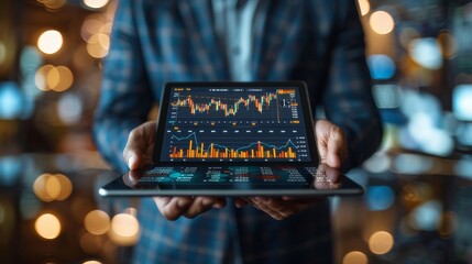 A businessman holds a tablet in his hands showing a graph of asset growth, finance. Trading on the stock exchange. Investment concept of economic trends.