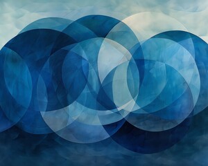 A series of overlapping circles in various shades of blue, creating depth and movement