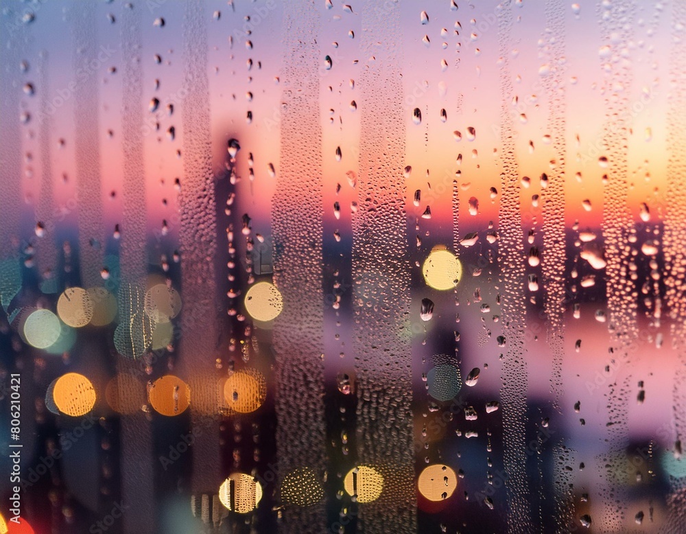 Wall mural a close-up of raindrops on a window with the cityscape in the background blurred into colorful bokeh