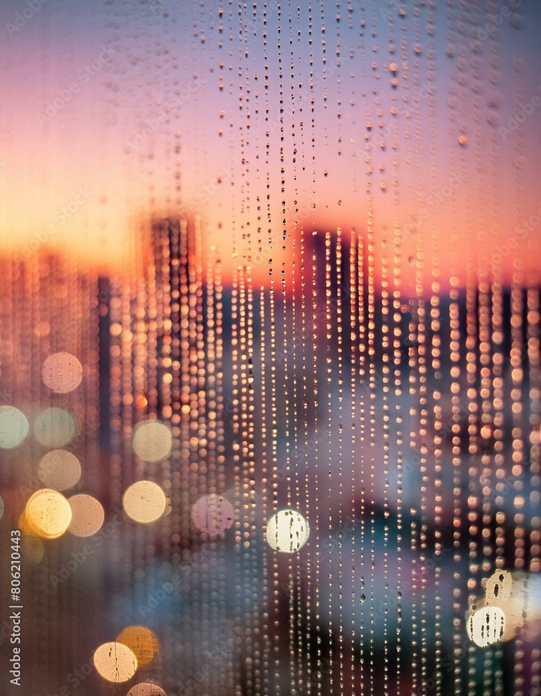Wall mural a close-up of raindrops on a window with the cityscape in the background blurred into colorful bokeh