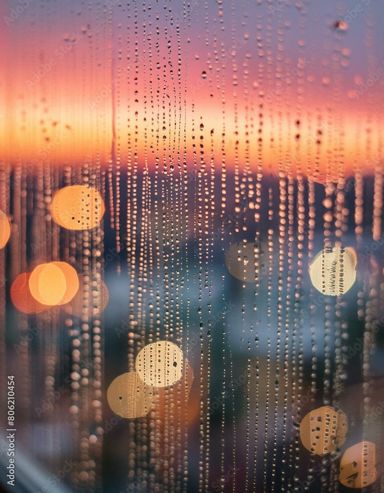 Wall mural a close-up of raindrops on a window with the cityscape in the background blurred into colorful bokeh
