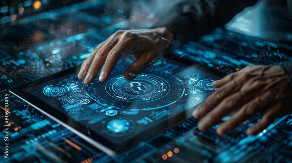 Aufkleber innovative cyber security professional activating data protection measures on interactive display in