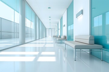 Empty modern hospital corridor, clinic hallway interior background with white chairs for patients waiting for doctor visit. Contemporary waiting room in medical office. Healthcare services concept
