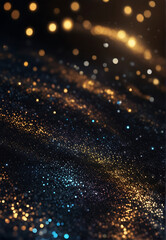 Festive vector background with gold glitter and confetti for christmas celebration. Black background 