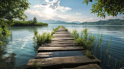 A serene pathway of a wooden pier leading into a calm lake surrounded by lush greenery and mountains under a sunny sky.
