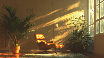 A sunlit reading corner with a low-slung, comfortable chair and a single tall, modern floor lamp.