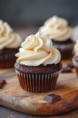 Chocolate cupcakes topped with swirls of creamy vanilla frosting, displayed on a wooden board.