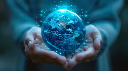 Capturing the essence of global connectivity with a digital earth in human hands, highlighting technology's role in connecting the world - obrazy, fototapety, plakaty