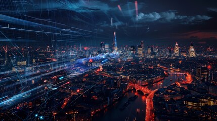 Naklejka premium Futuristic London cityscape at night with vibrant lights and dynamic digital connections overlaying the urban skyline.