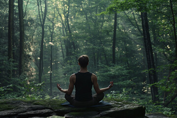 Person meditates in a tranquil forest setting, exuding peace and mindfulness amidst the misty woodland at dawn