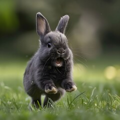 A dark rabbit is playing and hopping funny 