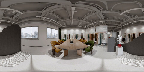 interior of a modern fashion shop, cloth store 360 degrees view 3d render