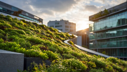 Sustainable architecture with a green roof installation, seamlessly integrating nature into urban spaces while mitigating environmental impact and promoting biodiversity