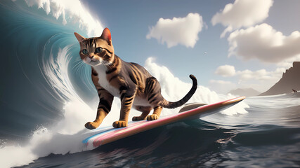 A cat is surfing on a big wave, 4k, Unreal Engine