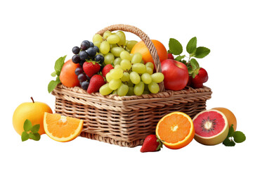 A wicker basket full of fresh fruits including apples, grapes, oranges, and strawberries.