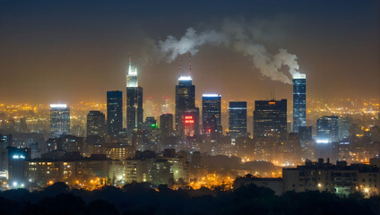 Urban skyline shrouded in pollution, illustrating the impacts of global warming and air pollution on metropolitan environments