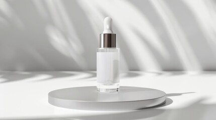 A small clear glass bottle with a silver dropper cap is sitting on a small round platform. The bottle is mostly empty. There is a white background with shadows of leaves on it.