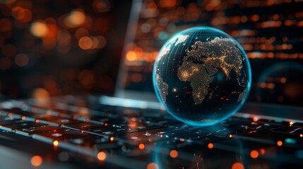 Illuminating the seamless integration of global digital business through a glowing earth on a laptop, symbolizing connectivity and technological reach