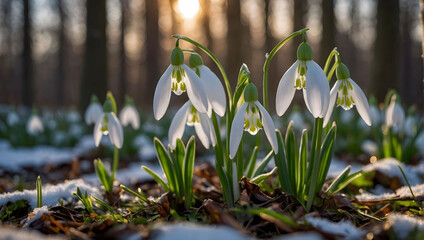 Witness the delicate snowdrop Galanthus nivalis emerging from beneath winter's blanket in the tranquil spring forest, bathed in the ethereal light of dawn