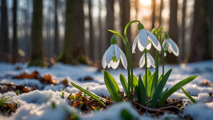 Witness the delicate snowdrop Galanthus nivalis emerging from beneath winter's blanket in the tranquil spring forest, bathed in the ethereal light of dawn