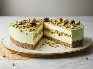 A piece of layered cheesecake with pistachios adorned with a sprinkle of crunchy pistachios.