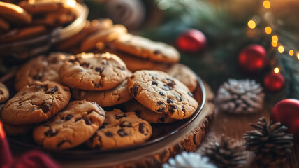 A warm, inviting image of chocolate chip cookies arranged on a plate amidst a holiday setting with...