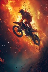 Motocross rider jumping over rocks in the mountains at sunset. Generative AI.