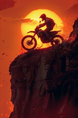 Motocross rider jumping over rocks in the mountains at sunset. Generative AI.