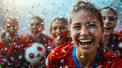 Women soccer players celebrating their team's goal